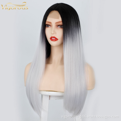2 Tone Color Ombre Wigs Lace Front for Women Synthetic Long Straight Middle Part Heat Resistant Fiber Hair Natural Looking Wig